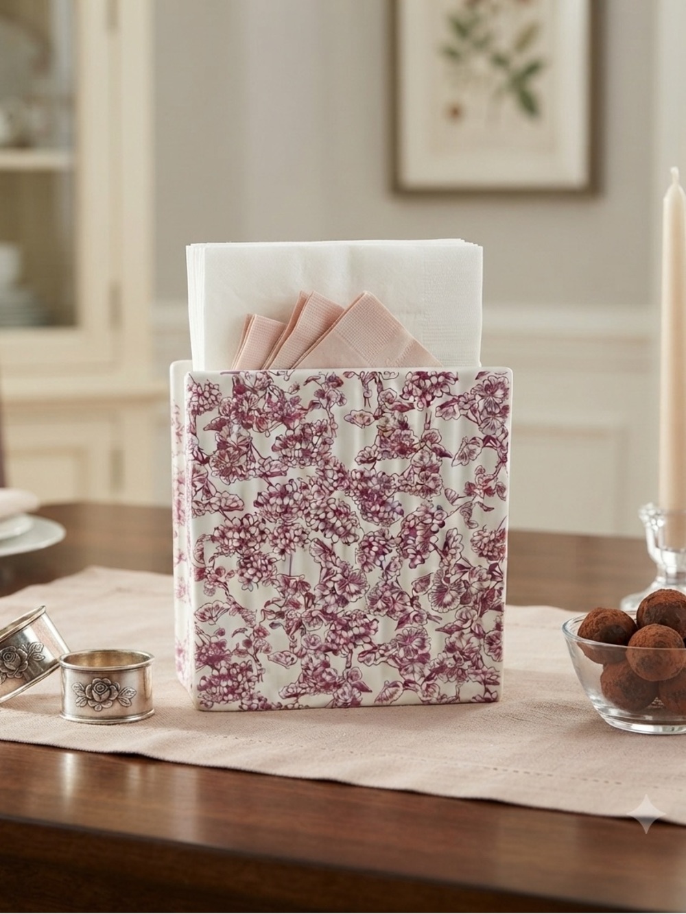 Dabney Lee Floral Pink and White Ceramic kitchen collection napkin holder